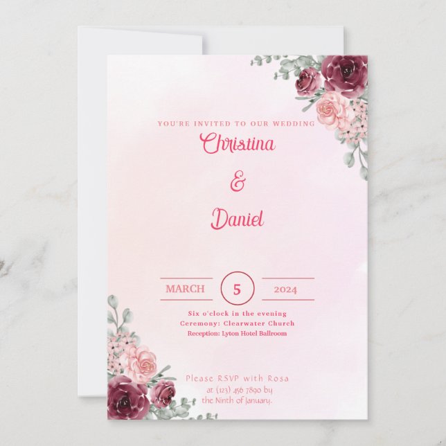 Invitations de mariage floral rose et bordeaux (Devant)