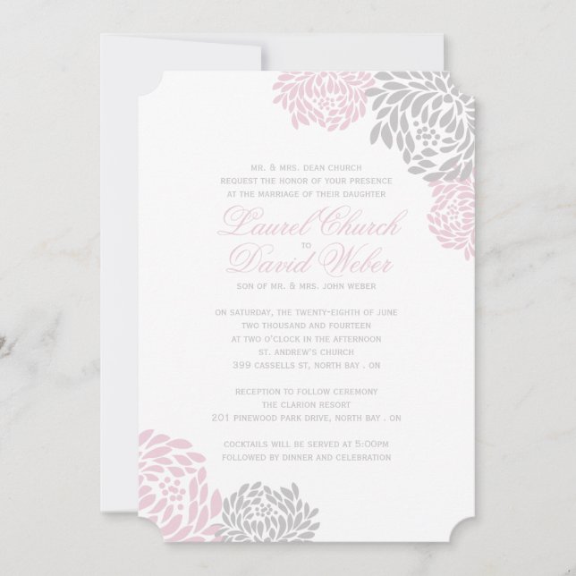 Invitations de mariage floral rose et gris (Devant)