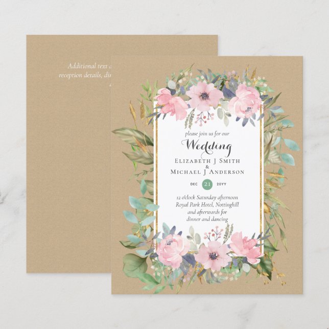 Invitations de mariage floral rose rose BUDGET (Devant / Derrière)