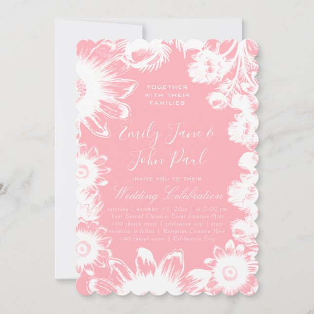Invitations de mariage floral rose rose fleuri flo (Devant)