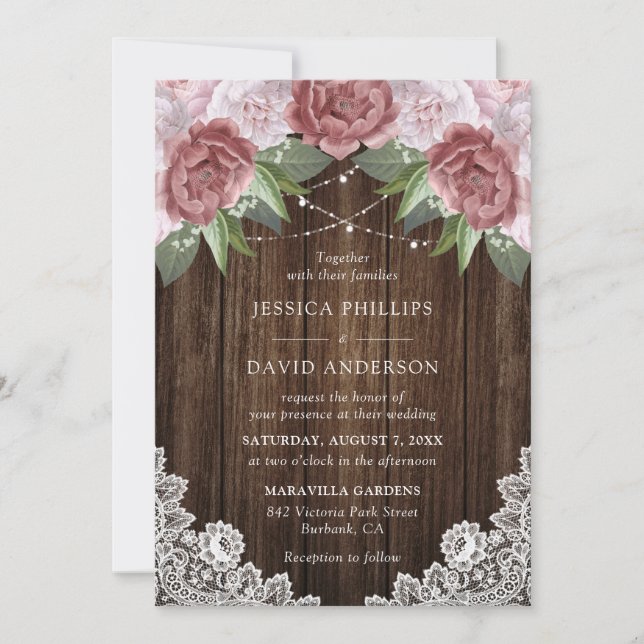 Invitations de mariage floral rose rousse en bois  (Devant)