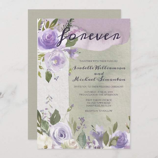 Invitations de mariage floral violet et blanc (Devant / Derrière)