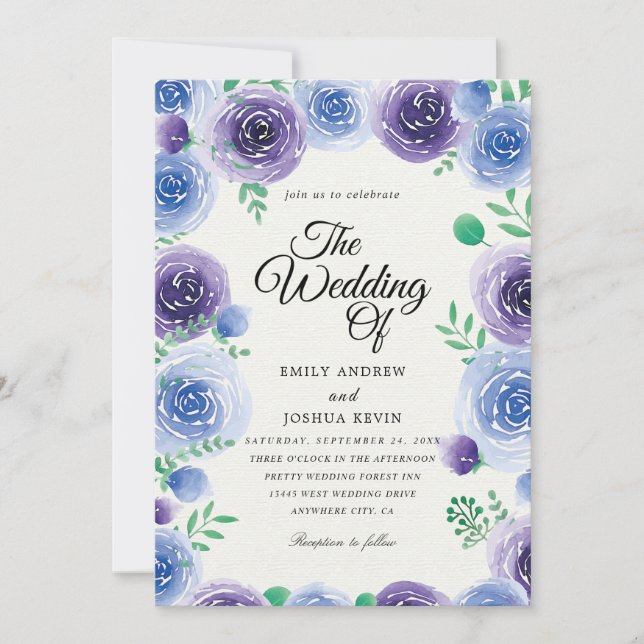 invitations de mariage florales bleues et violette (Devant)