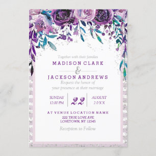 Invitations de mariage florales et argentées viole