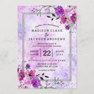 Invitations de mariage florales et argentées viole