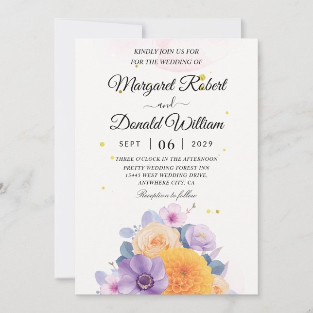Invitations de mariage florales orange et violet (Devant)