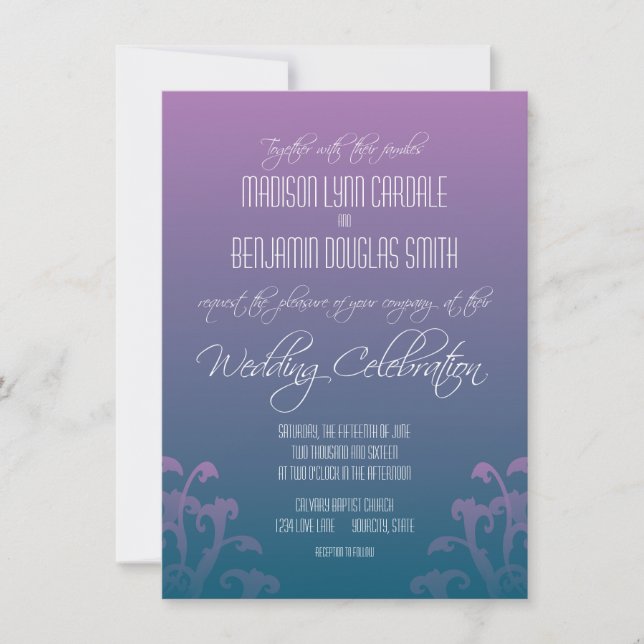 Invitations de mariage florissantes au bleu pourpr (Devant)