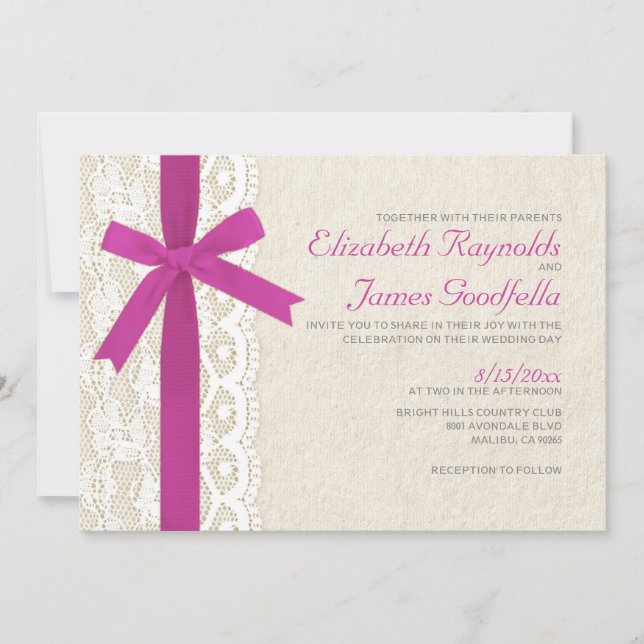 Invitations de mariage Fuchsia Bow & dentelle (Devant)