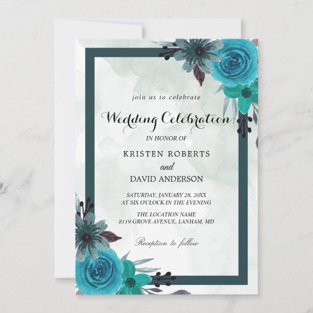 invitations de mariage géométrique turquoise et no (Devant)