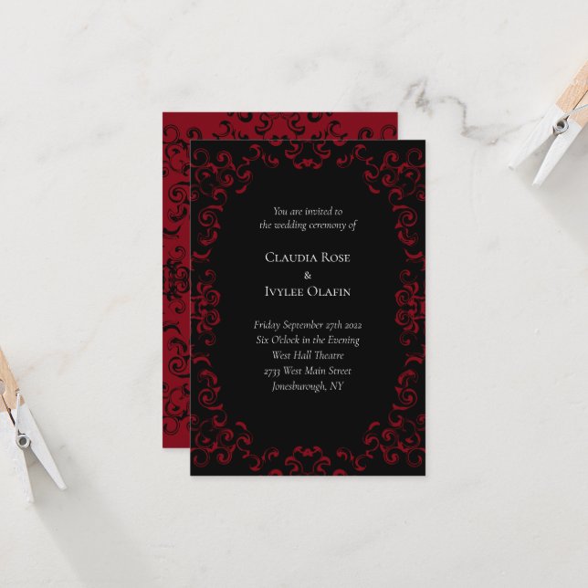 Invitations de mariage gothique Red & Black Swirl (Devant/Arrière en situation)