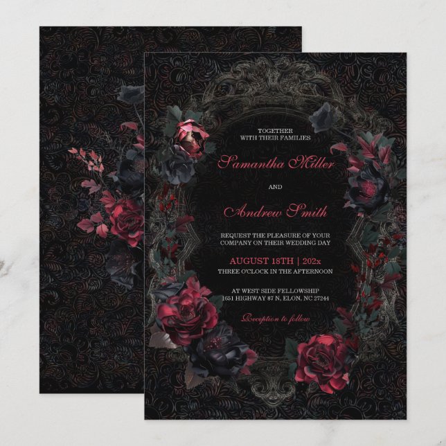 Invitations de mariage gothique victorien Noir et  (Devant / Derrière)