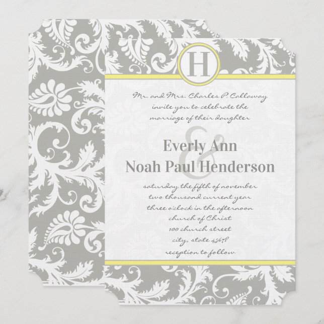 Invitations de mariage gris et jaune au charbon (Devant / Derrière)