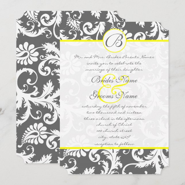 Invitations de mariage gris et jaune au charbon (Devant / Derrière)