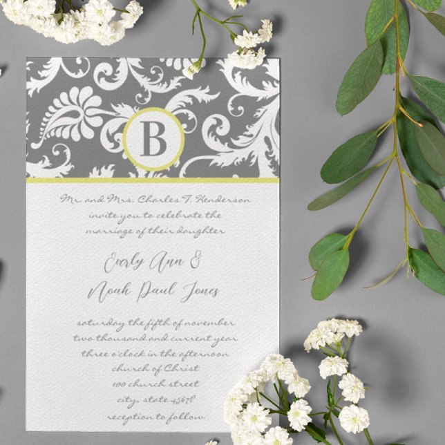 Invitations de mariage gris et jaune au charbon (Créateur téléchargé)