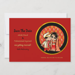 Invitations de mariage hindou Red Gold Cartoon Cou