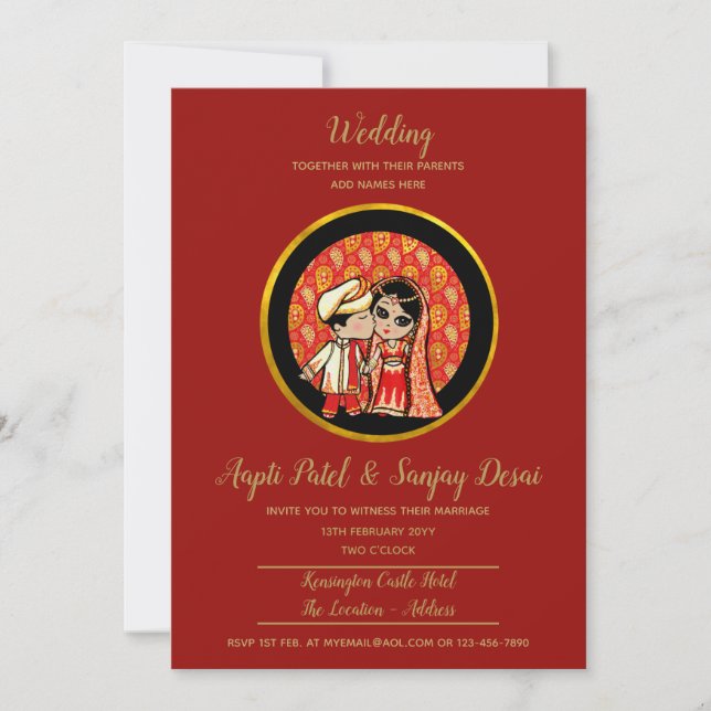 Invitations de mariage hindou Red Gold Cartoon Cou (Devant)