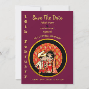 Invitations de mariage hindou Red Gold Cartoon Cou