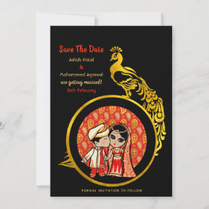 Invitations de mariage hindou Red Gold Cartoon Cou