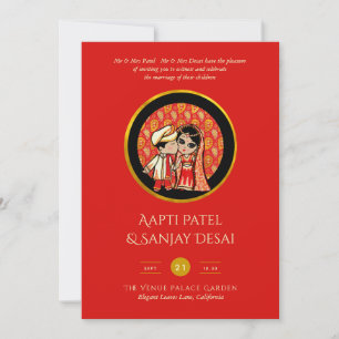 Invitations de mariage hindou Red Gold Cartoon Cou