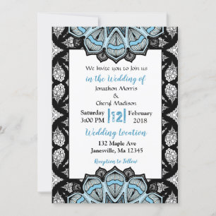 Invitations de mariage Mandala bleu, noir et blanc
