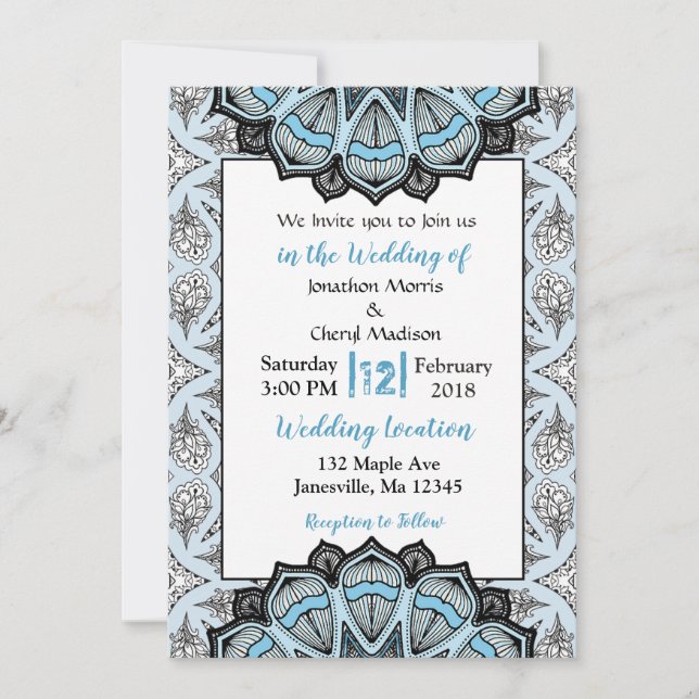 Invitations de mariage Mandala bleu, noir et blanc (Devant)