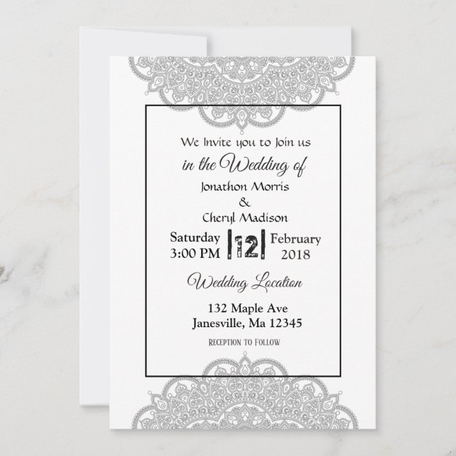 Invitations de mariage Mandala noir et blanc (Devant)