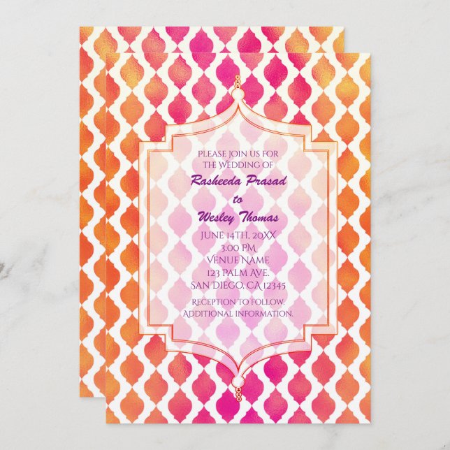 Invitations de mariage marocain rose et orange (Devant / Derrière)