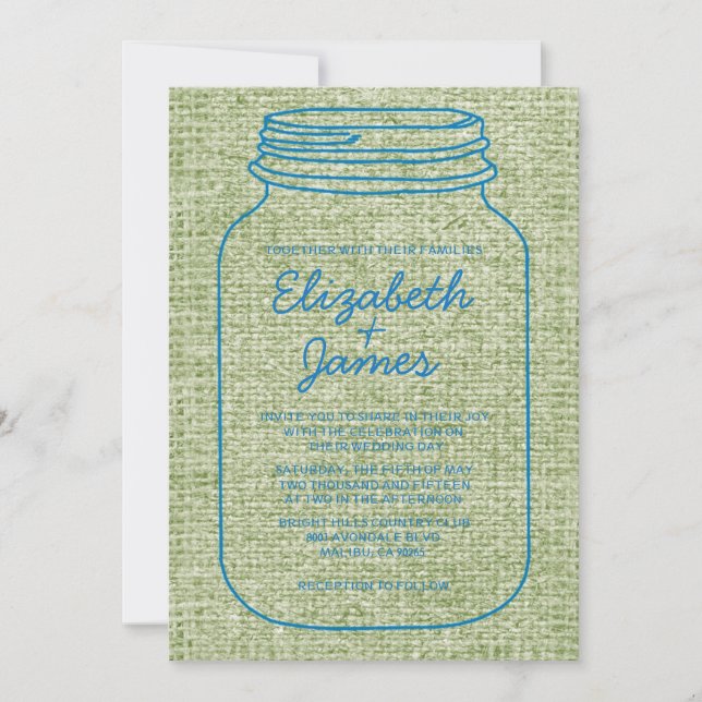 Invitations de mariage Mason Jar en bleu et vert (Devant)