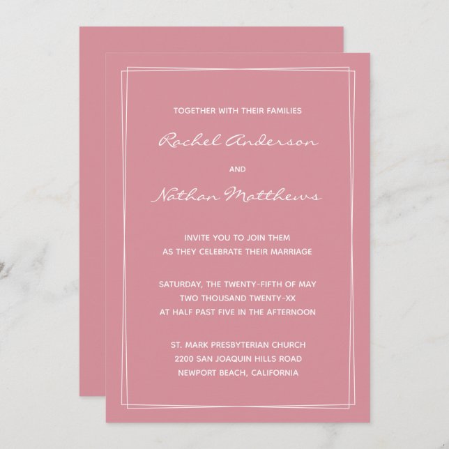 Invitations de mariage minimaliste Rose Hacienda (Devant / Derrière)