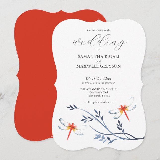 Invitations de mariage Modèle libellules rouges (Devant / Derrière)