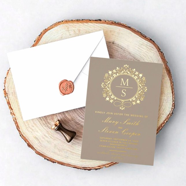 Invitations de mariage Monogramme doré (I wish you happiness!)
