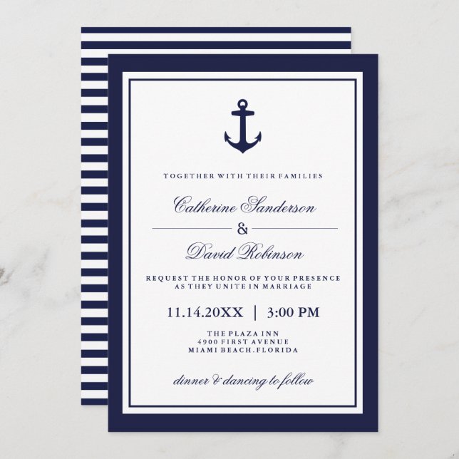 Invitations de mariage nautique avec des rayures d (Devant / Derrière)