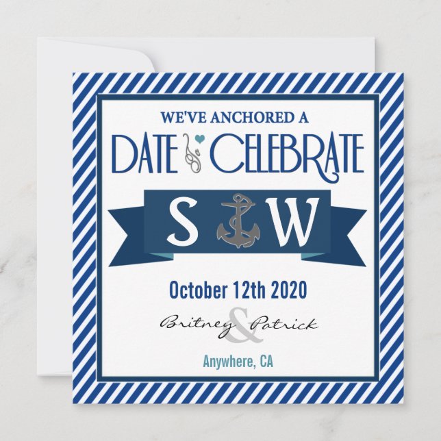 Invitations de mariage nautique bleu et blanc de l (Devant)