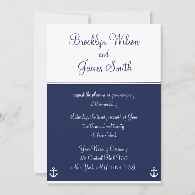 Invitations de mariage nautique bleu marine (Devant)