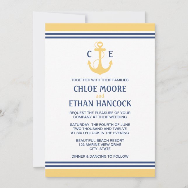 Invitations De Mariage Nautique Jaune (Devant)