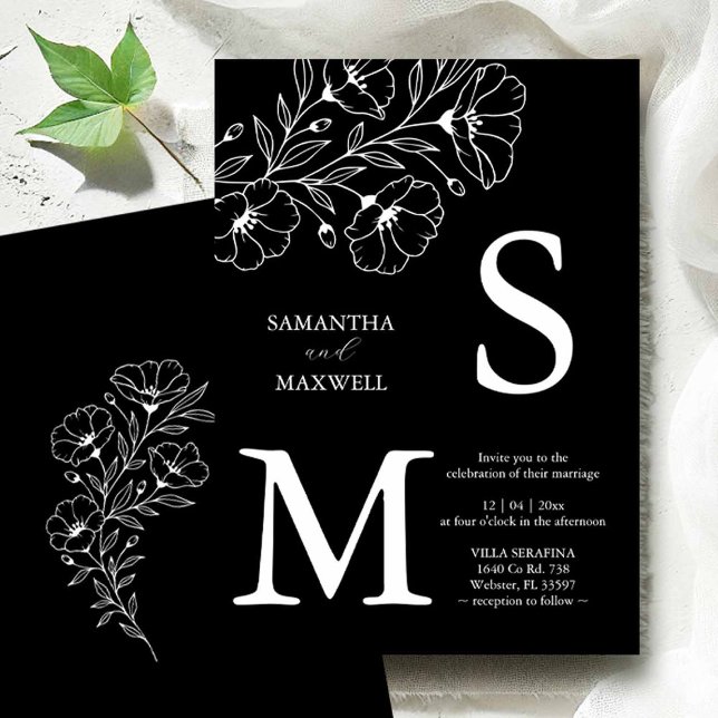 Invitations de mariage noir (Flat lay of black and white wedding invitations with line art by Victoria of Do Tell A Belle)
