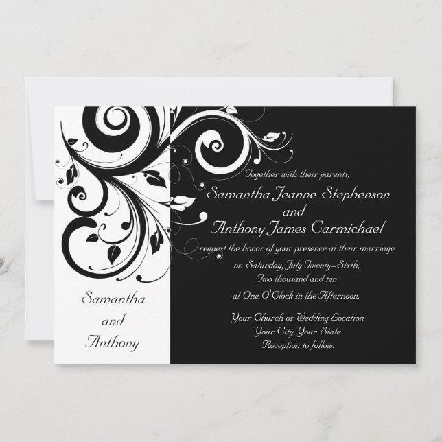 Invitations de mariage noir + blanc inverse (Devant)
