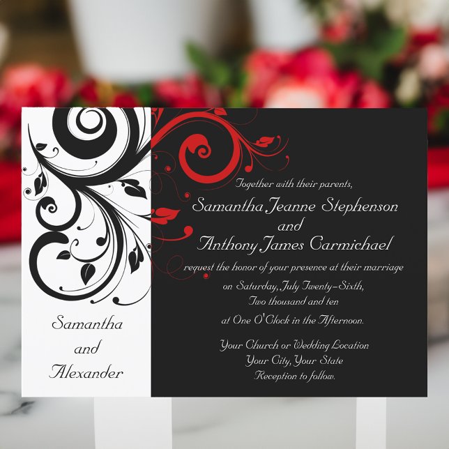 Invitations de mariage noir/blanc/rouge inverse (black and white with red swirl wedding invitations)
