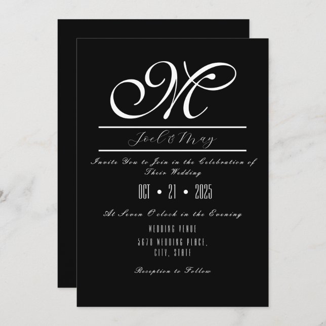 Invitations de mariage noir et blanc (Devant / Derrière)