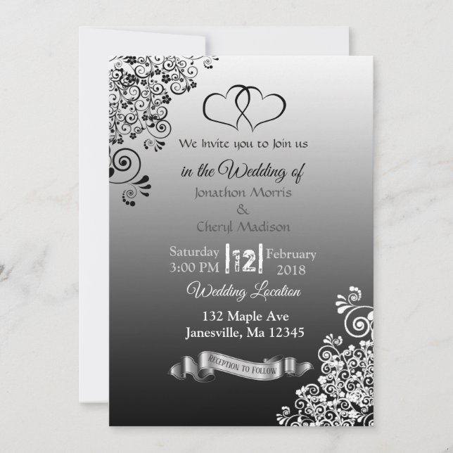 Invitations de mariage noir et blanc (Devant)