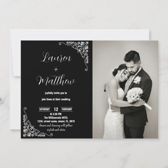 Invitations de mariage noir et blanc avec photo (Devant)