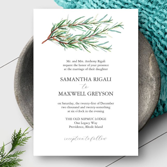 Invitations de mariage officielles Botaniques rust (micro wedding invitation features flat lay of a rosemary wedding invite in watercolor)