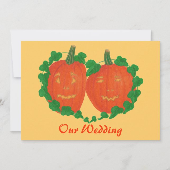 Invitations de mariage orange, citrouilles amoureu (Devant)