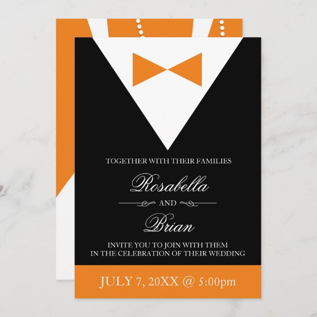 Invitations de mariage orange et noir| Fall Tuxedo (Devant / Derrière)