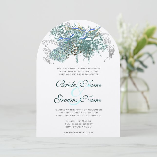Invitations de mariage Peacock vintage (Debout devant)