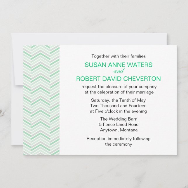Invitations de mariage personnalisées Mint Chevron (Devant)