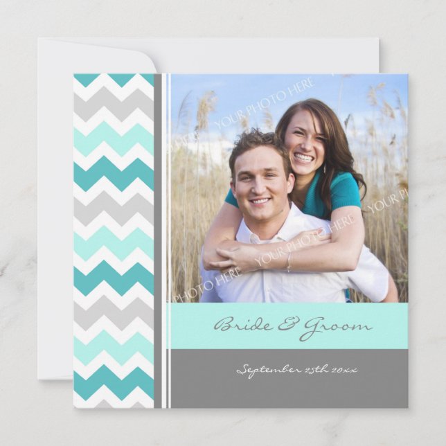 Invitations de mariage photo Grey Turquoise Chevro (Devant)