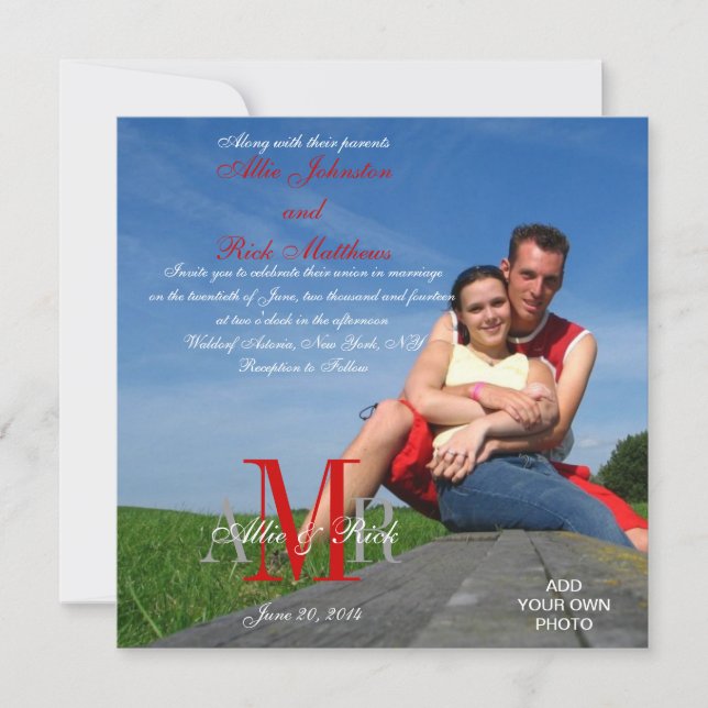 Invitations de mariage photo Monogrammes Blanc rou (Devant)