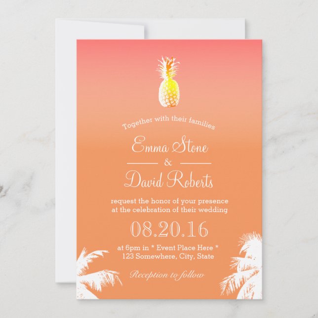 Invitations de mariage pour ananas et palmiers tro (Devant)