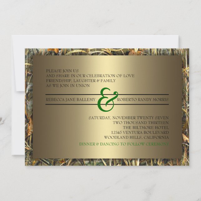 Invitations de mariage pour camo vert et or (Devant)